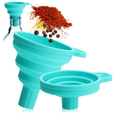 Immagine di COM FOUR® 2x imbuto pieghevole ausilio per versare riempire e trasferire in silicone bocchettone di riempimento cucina casa deviatore (2 pezzi pieghevole/blu)
