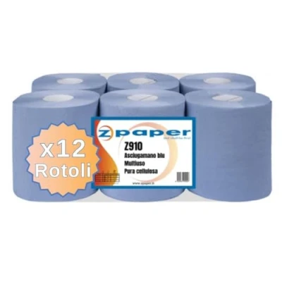 Immagine di ZPAPER 12 rotoli Asciugamani BLU Carta pura cellulosa 2 Veli, Anima a Spirale. Adatti anche per Dispenser. Rotoloni Asciugatutto asciugamano bobine
