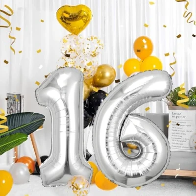 Immagine di Palloncini Compleanno 16 anni Argento 101 CM Palloncino Numero Gonfiabile in Foil Decorazioni di un uomo donna Vola con l&#039;Elio