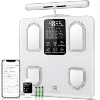 Immagine di arboleaf bilancia per il grasso corporeo digitale, analisi del corpo con sensori manuali e grande display massa muscolare, 8 elettrodi, elettrodi app 27 misure