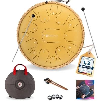 Immagine di Sonodrum Tongue Drum &quot;Premium&quot; in Do maggiore, color oro piccolo Handpan con 15 toni e diametro di 35 cm bacchette, spariti musicali custodia inclusi. Facile da suonare, per bambini adulti.