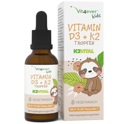 Immagine di vitamina D3 K2 in gocce per bambini 300 giorni (10 mesi) 500 UI di D e 25μg Altamente biodisponibile grazie a Original K2VITAL® Senza additivi nocivi Vitamine b