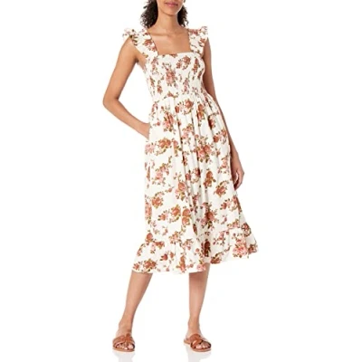 Immagine di The Drop, abito longuette Kimi da donna, con spalline arricciate e corpetto a punto smock, stampa rose, 5XL Plus, taglia forte