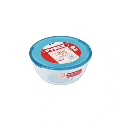 Immagine di Pyrex 180P000 Ciotola di vetro ad alta resistenza con coperchio, Trasparente/Blu, 2 L