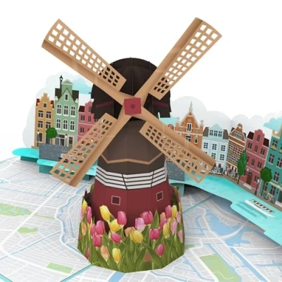 Immagine di MOKIO® Biglietto Auguri viaggio Pop Up Mulino a Vento, Tulipani e Canali Amsterdam di compleanno 3D per una vacanza in Olanda o come buono regalo un città