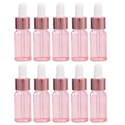 Immagine di JamHooDirect 10 flaconi contagocce in vetro da ml con pipette contagocce, mini vuoti per oli essenziali massaggio/liquidi chimici (rosa trasparente/tappo oro rosa)