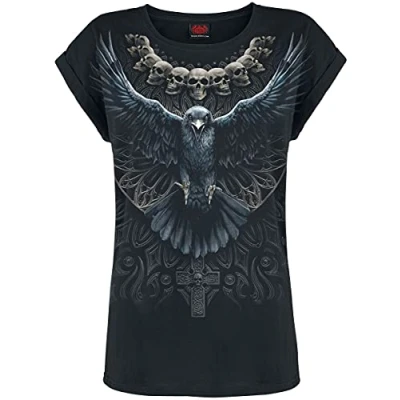 Immagine di Spiral Raven Skull T Shirt Nera Regular per Donna L