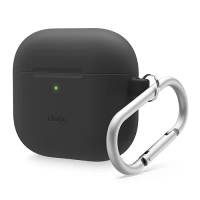 Immagine di elago Custodia in Silicone Compatibile con la AirPods di 4 Moschettone Incluso, Supporta Ricarica Wireless, Protezione Completa (Nero)