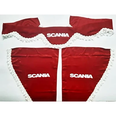 Immagine di Set di 3 tende decorative in peluche con pompon bianchi per camion Scania R S P L (rosso)