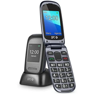 Immagine di SPC Harmony Telefono cellulare con chiusura per anziani numeri e lettere grandi, doppio schermo, pulsante SOS, 3 memorie dirette, base di caricamento, Nero