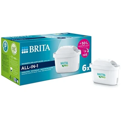 Immagine di BRITA Cartuccia filtro acqua MAXTRA PRO All in 1 Confezione da 6 (semestrale) Cartucce di ricambio originali Brita/riduce calcare, cloro, piombo, pesticidi e impurità per potabile fresca