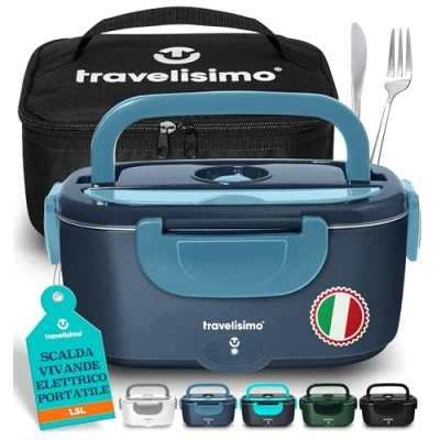 Immagine di TRAVELISIMO Scaldavivande Elettrico Portatile, 80W 1,5L Porta Pranzo Riscaldabile, 220V/12V/24V Scalda Vivande Portatile per Auto Camion e Ufficio, Lunch Box Termico di Acciaio Inossidabile