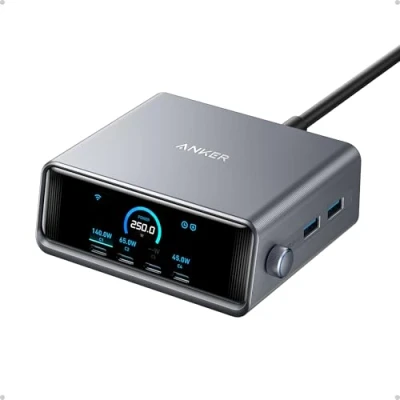Immagine di Caricatore USB C Anker Prime 250W, GaN ultra veloce a 6 porte, display LCD intelligente da 2,26’’, compatibile con MacBook Pro/Air, iPhone 16/15/14, Pixel, Galaxy, Apple Watch e altri dispositivi