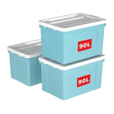 Immagine di Cetomo Scatola portaoggetti in plastica 90L* 3, contenitore per organizzare con coperchio durevole e fibbie di chiusura sicure, impilabile annidabile, confezione da blu fibbia