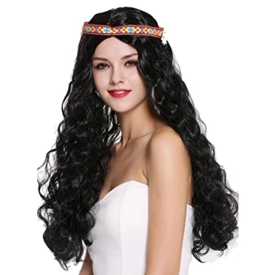 Immagine di WIG ME UP 91298 ZA103 Parrucca Donna Uomo Carnevale Halloween Figlio Die Fiori Hippy Anni 60 e 70 Lunga Nero Ondulata Riga in Mezzo Fascetta Fronte Fiore
