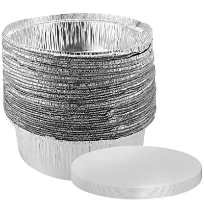 Immagine di SINJEUN Confezione da 40 vassoi rotondi in alluminio 20,3 cm, con coperchi di carta, teglie rotonde alluminio, per torte, flan, quiche, nachos, arrosti