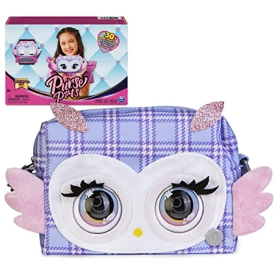 Immagine di Purse Pets Borsetta Print Perfect Versione Gufetta Viola Scozzese, Oltre 30 Effetti sonori e reazioni, Giocattoli per Bambine dai 4 Anni in su