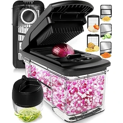 Immagine di Taglia Verdure Mandolina per Affetta Multifunzione Tritatutto Affettatrice Manuale Tagliaverdure Frutta Cipolla Patate Cubetti Julienne Grattugia (Tutto in 1 Inox Nero)