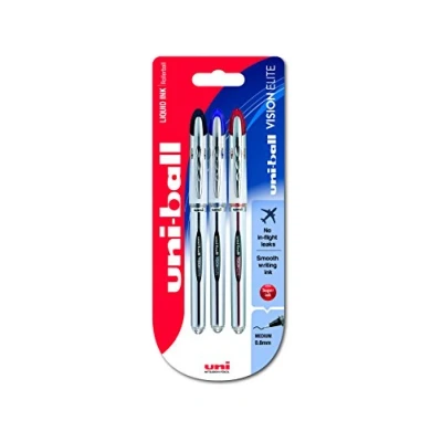 Immagine di Penna rollerball medie UB 200 Vision Elite, inchiostro rosso/blu/nero Uni ball Super Ink, a prova di manomissione, sfera da 0,8 mm, confezione 3 pezzi, colori assortiti