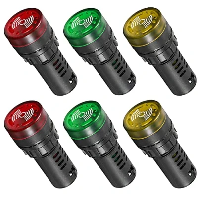 Immagine di GUUZI 6pcs AC DC 220V 22mm LED Flash Indicatore di Segnale Allarme Lampada con Cicalino (Rosso/Giallo/Verde, Ciascuno per 2 Pezzi)