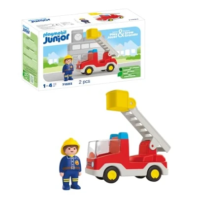Immagine di Playmobil Junior 71683 Autoscala Pompieri, con scala estensibile e pompiere, giocattolo sostenibile realizzato in plastica a base vegetale, per bambini dai 12 mesi su