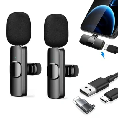 Immagine di Microfono Wireless per iPhone/Telefono Android,Microfono Lavalier Registrazione Video,Laptop,Live Streaming,Podcast,Intervista,TikTok,Facebook,Plug Play,Riduzione del Rumore,nessuna APP