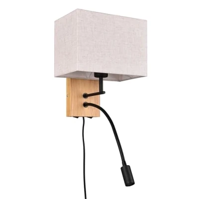 Immagine di Trio Lampada da parete Nilam 212870236, legno naturale, tessuto paralume, escl. 1x E27, braccio di lettura incl. LED 3,1 Watt, Flex Connect