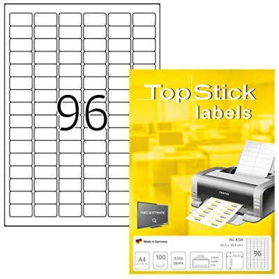 Immagine di TopStick etichette multiuso autoadesive, 96 per foglio A4, 100 fogli, 30,5 x 16,9 mm, 9600 etichette, adesive universali vuote, stampanti laser e inkjet, bianco