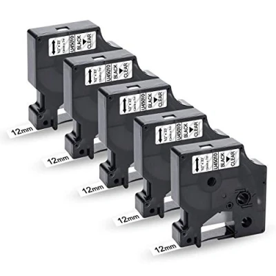 Immagine di UniPlus 5x Nastro per Etichette Sostituzione di Dymo D1 45010 S0720500 Nastri LabelManager 280 160 260P 360D 420P 400 PnP 210D 500TS LabelWriter 450, 12mm x 7m, Nero su Trasparente