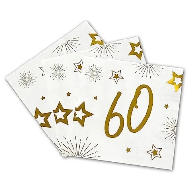Immagine di Tralala Fêtes® Set di 16 tovaglioli 60 anni per compleanno usa e getta in carta a triplo spessore decorazione festiva bianco oro (oro) 33 x cm aperti (60 anni)