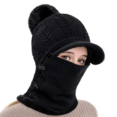 Immagine di TOEECY Berretto Invernale da Donna Set di Cappelli e Scaldacollo in Maglia Calda Spesso Pom Cappello Lavorato Flessibile Maschera per Il Viso Regolabile Sci Sport All&#039;aperto (Nero)