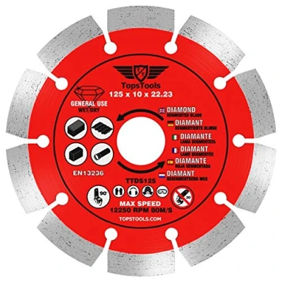 Immagine di TopsTools TTDS125 Lama per sega circolare a diamante segmentata, 125 mm x 10 22,23 mm, compatibile con Bosch Dewalt, Makita Milwaukee e molti altri
