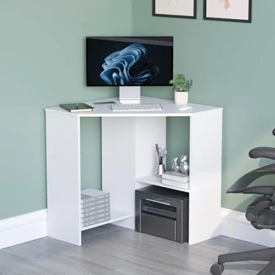 Immagine di Vida Designs Hetton Scrivania Angolare per Computer, con Mensole, Casa, Ufficio, Postazione di Lavoro, Arredamento, Bianco, in Legno, 76 x 100 70 cm, ingegnerizzato, H L P cm Circa