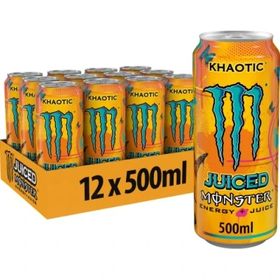 Immagine di Monster Energy Juiced Khaotic, bevanda energetica contenente caffeina con sapore di agrumi tropicale, in pratiche lattine usa e getta (12 x 500 ml)