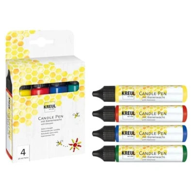 Immagine di KREUL 49755 Set di 4 penne per candele, giallo, rosso, blu, verde, 29 ml ciascuna, punta fine pittura, colori con cera d&#039;api decorare e dipingere le candele