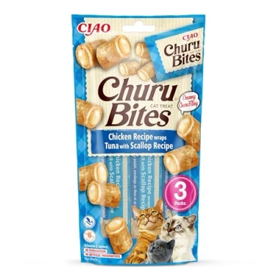 Immagine di INABA Churu Bites Bocconcini di Pollo con Cuore Tonno e Capesante 1 Pack (3 Stick x 10gr) Snack per Gatti Morbido Cremoso, Cibo Senza Conservanti o Coloranti Artificiali, Grain Free