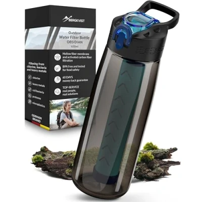 Immagine di BERGKVIST® Borraccia filtrante acqua da esterno OBSIDIAN (650 ml) con bussola Bottiglia filtro per potabile pulita Trattamento dell&#039;acqua attrezzature campeggio e sopravvivenza