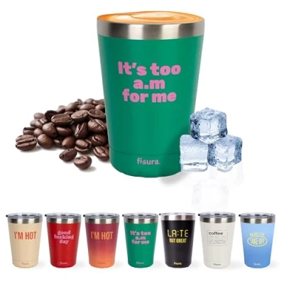 Immagine di Fisura Tazza Bicchiere termico originale. thermo da caffè portare. viaggio 310 ml. termica in acciaio inossidabile. Senza BPA. per auto. (Too a.m, verde)