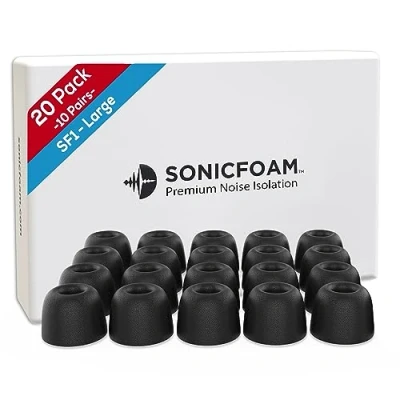 Immagine di SONICFOAM Cuscinetti auricolari in Memory Foam Isolamento Acustico Premium, Punte di Ricambio per Schiuma, Confezione da 20 ear (SF1 Grande, Nero)