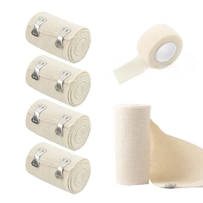 Immagine di 4 rotoli di bende elastiche, con 1 rotolo bendaggio autoadesivo, fascia a pressione clip in metallo, cintura ritenuta per ginocchia, caviglie, polsi (bianco)
