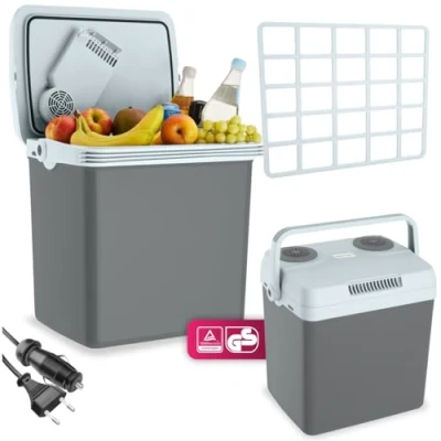 Immagine di tectake® Box Elettrico per Raffreddamento e Riscaldamento, Mini Frigo Portatile 25 Litri, con Maniglia Trasporto, Frigorifero Scaldavivande Auto Casa, Modalità ECO Grigio