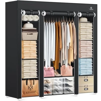 Immagine di KESSER® Armadio in Tessuto Stabile con Asta Appendiabiti e Ripiani, Include 5 grucce Tessuto, per Camera da Letto, spogliatoio, Guardaroba Appendiabiti, 150 x 45 175 cm
