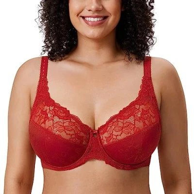 Immagine di DELIMIRA Reggiseno Donna Minimizer in Pizzo Taglie Forti con Ferretto Sostegno Totale Jacquard Senza Imbottito Rosso Scuro 7F