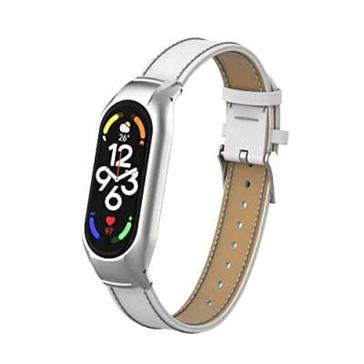 Immagine di T BLUER Cinturino Compatibile per Xiaomi Mi Band 7,Accessori in Pelle di Ricambio con Cornice Metallo 7 Braccialetto Intelligente,Bianca