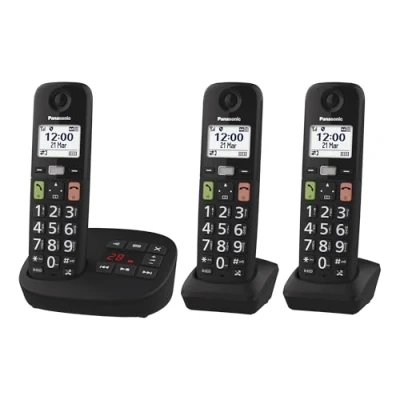 Immagine di Panasonic KX TGU133EXB Telefono Cordless Digitale con Segreteria Telefonica, Unità Base e 3 Ricevitori, Display LCD, Tasti Grandi, Fav Call, Compatibile gli Apparecchi Acustici, Nero