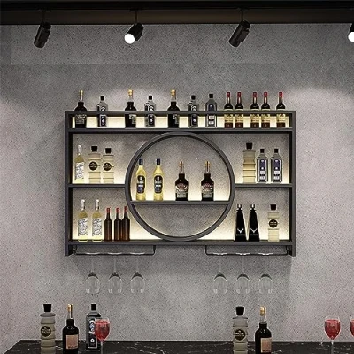 Immagine di Portabottiglie da Parete Porta Bottiglie di Vino Per Cantinetta Portavino a Vini Mobile Bar con Calici Mensole Cucina Scaffale Vetrinetta Spazioso e Ripiani Aperti (