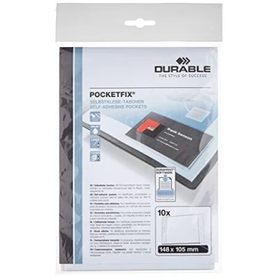 Immagine di Durable 807619 Pocketfix, Tasca Adesiva, Apertura Lato Corto, Inserti Inclusi, 10 Pezzi, 152 x 109 mm, Trasparente