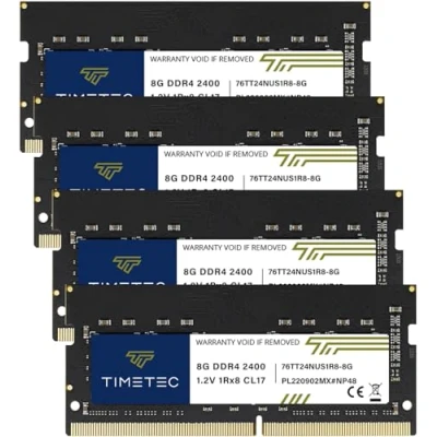 Immagine di Timetec Kit da 32 GB (4 x 8 GB) DDR4 2400 MHz PC4 19200 Non ECC unbuffered 1,2 V CL17 1Rx8 Single Rank 260 pin SODIMM per computer portatile notebook PC aggiornamento (kit 16 GB))