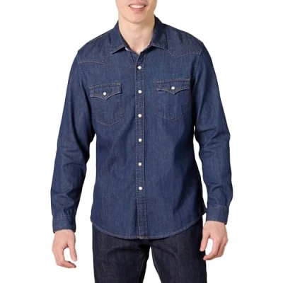 Immagine di Amazon Essentials Camicia in Denim a Maniche Lunghe Slim Uomo, Blu, S