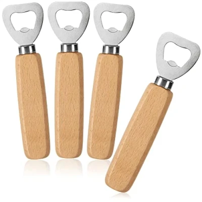 Immagine di com four® 4X apribottiglie in Acciaio Inossidabile con Manico ergonomico Legno di faggio Senza Logo (04 Pezzi Legno)